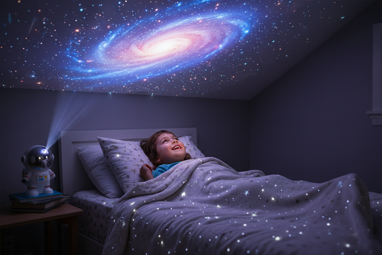 Happy child with galaxy projector