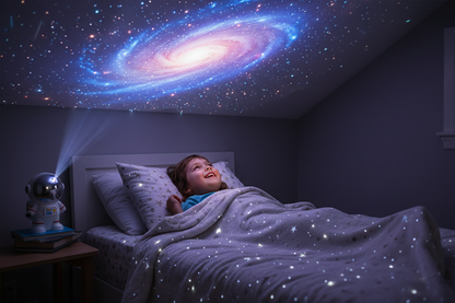 Happy child with galaxy projector